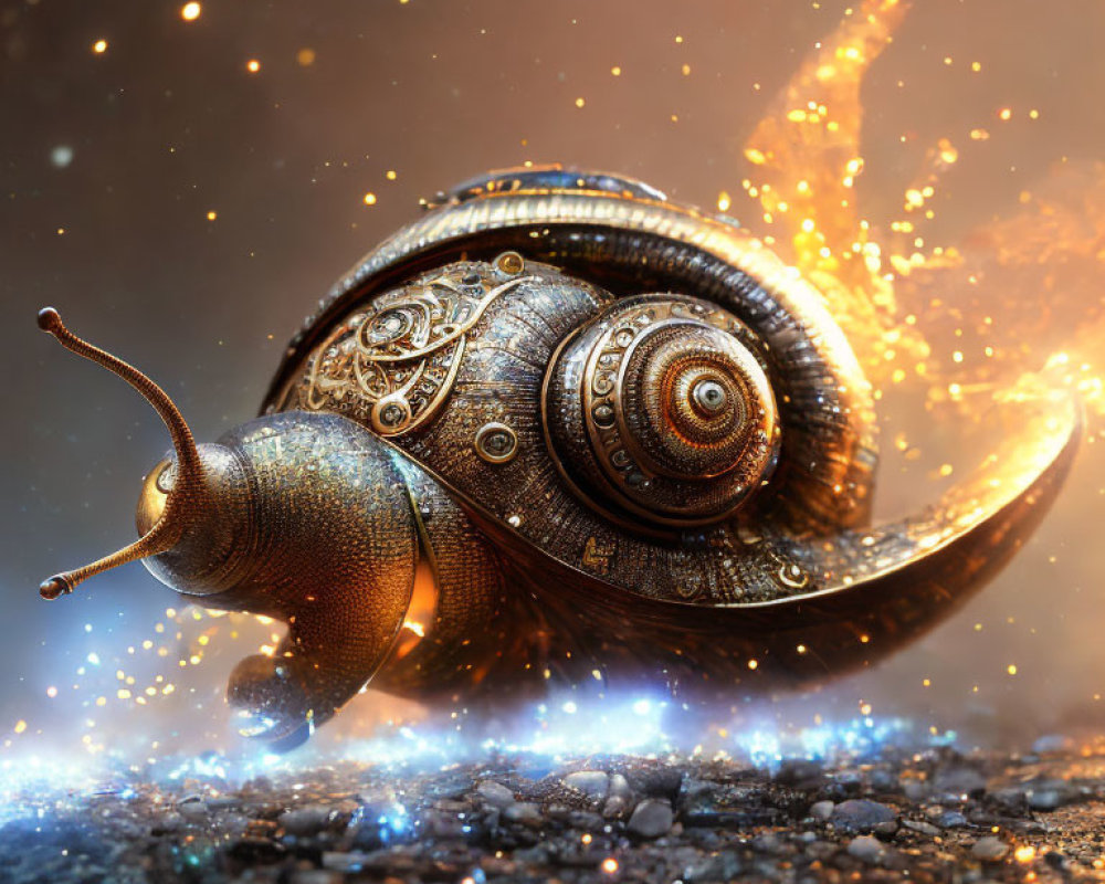 Fantasy snail with steampunk shell and warm light backdrop