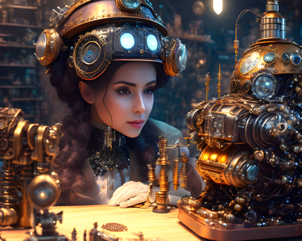 Detailed Steampunk Helmet Woman with Mechanical Device in Workshop