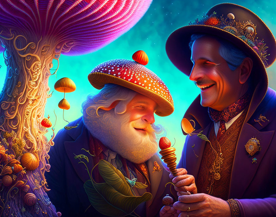 Elderly gentlemen in whimsical mushroom setting with lollipop