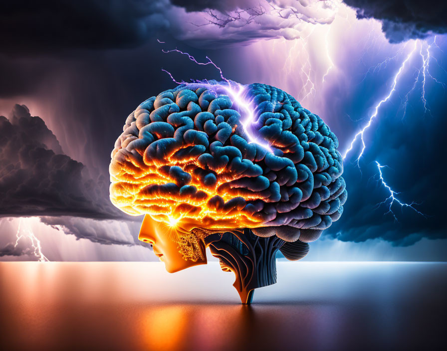 Detailed Image: Human Brain with Electrical Storm and Lightning Background