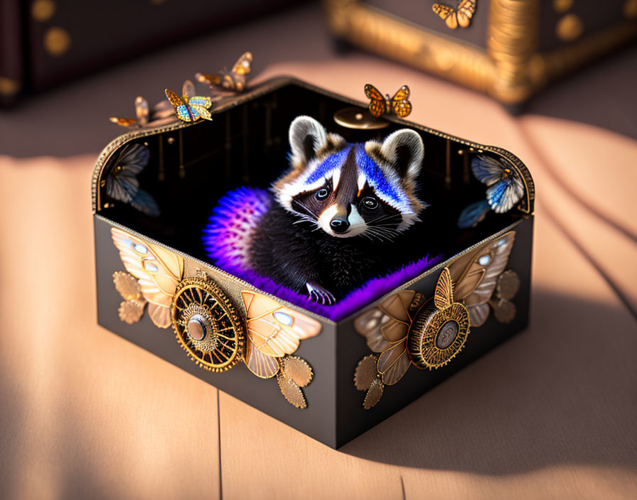 Raccoon peeking from ornate hexagonal box with butterflies on wooden surface