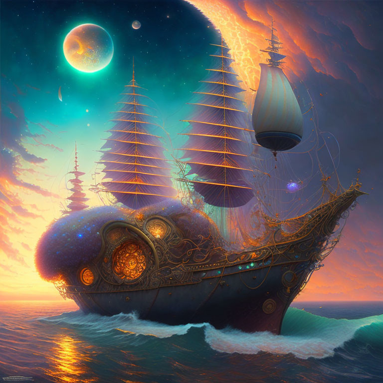 Fantastical ship with elaborate sails on ocean waves at sunset