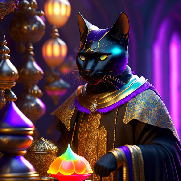 Regal Black Cat in Royal Attire with Blue Eyes and Golden Ornaments