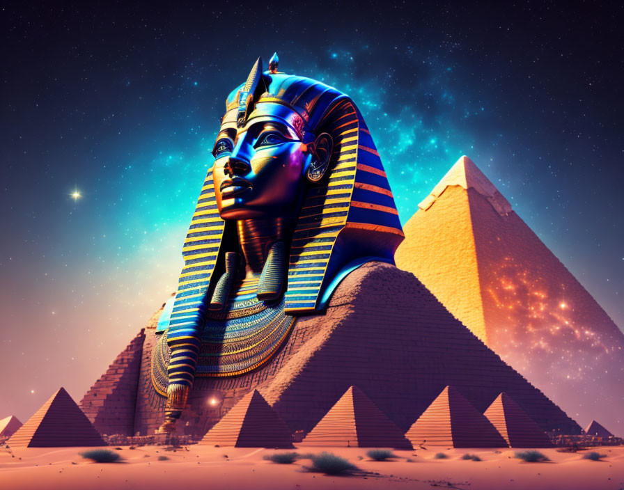 Digital Artwork: Great Sphinx with Egyptian Headdress by Pyramids at Twilight