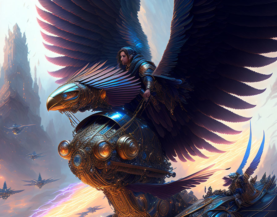 Mechanical Steed Warrior Soaring Above Fantastical Landscape