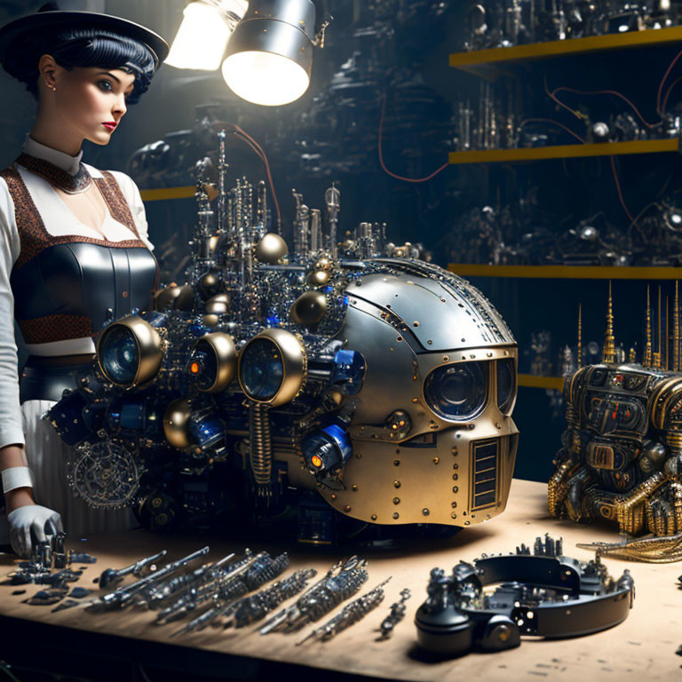 Steampunk Woman Building Robotic Head in Workshop