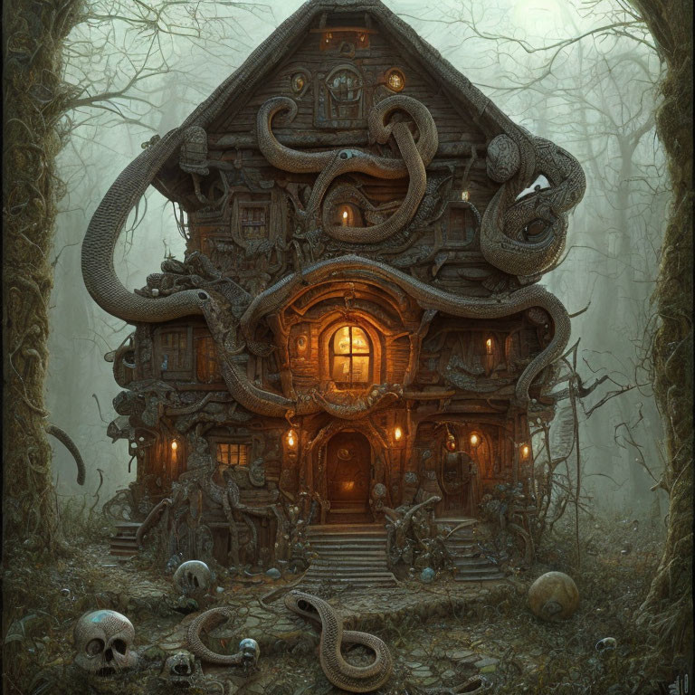 Detailed eerie house with snake sculptures in foggy forest.