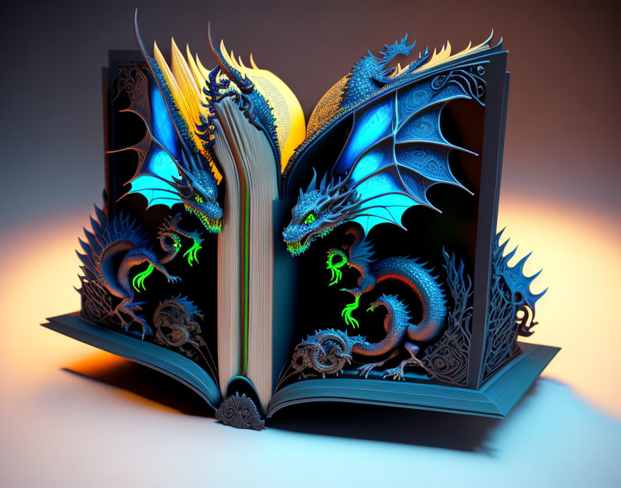 Colorful Open Book with 3D Dragons and Mystical Designs