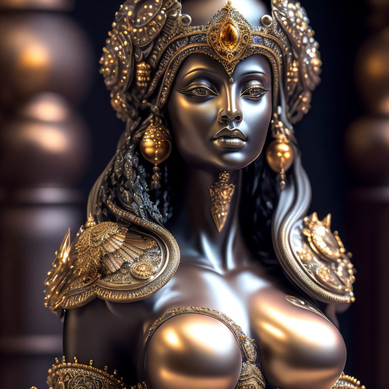 Intricate metallic sculpture of regal woman with jewelry and headdress on dark background