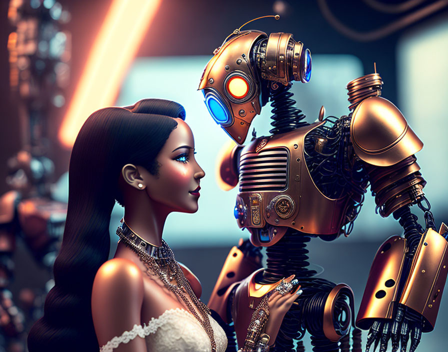 Elegant woman and steampunk robot in contemplative scene