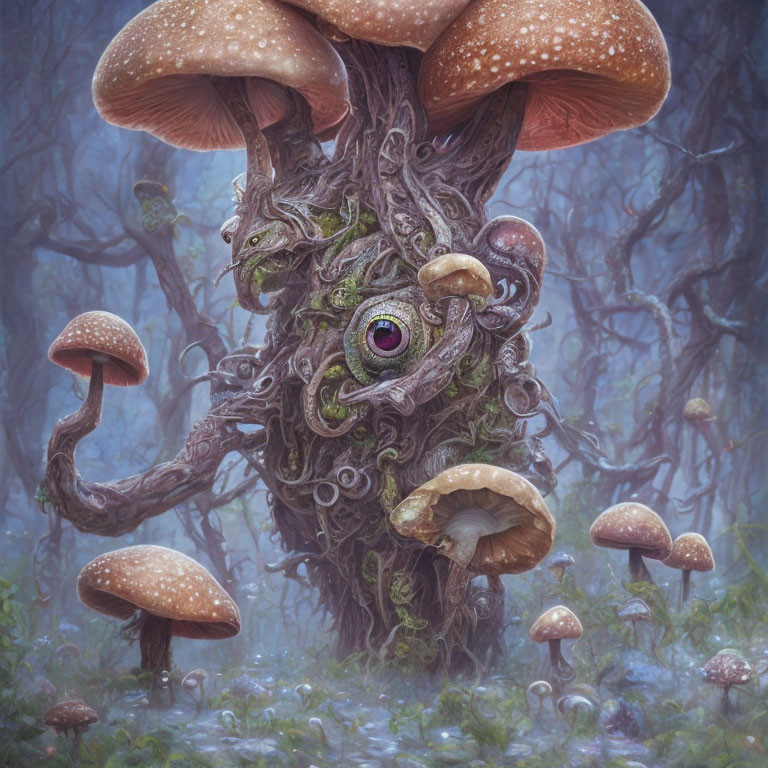 Fantastical tree with large mushroom canopy and vibrant eye in misty forest