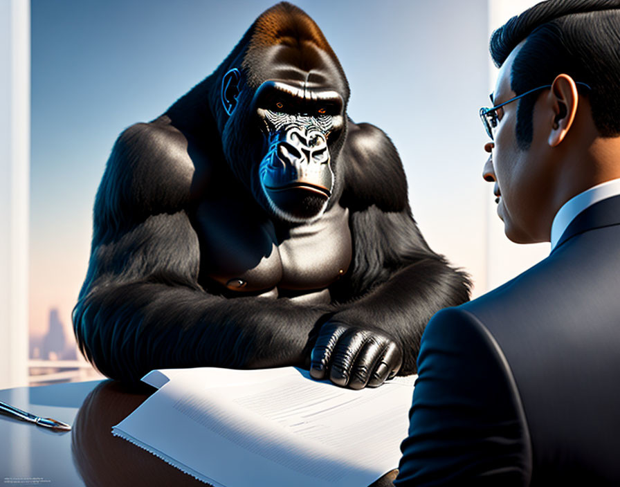 Businessman in suit meets thoughtful gorilla in sleek office setting with city skyline.