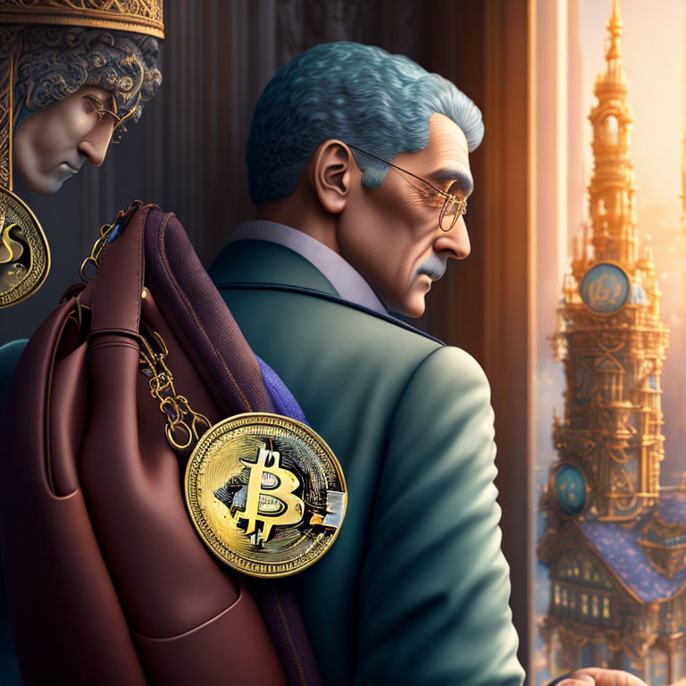 Grey-Haired Man in Elegant Attire with Bitcoin Emblem and Gothic Architecture