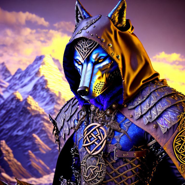 Wolf-headed humanoid warrior in ornate armor with purple cloak against mountain sunset