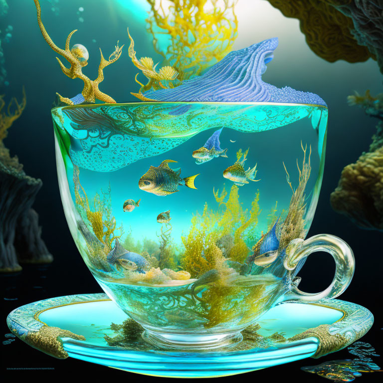 Fantastical teacup with underwater scene and whimsical creatures