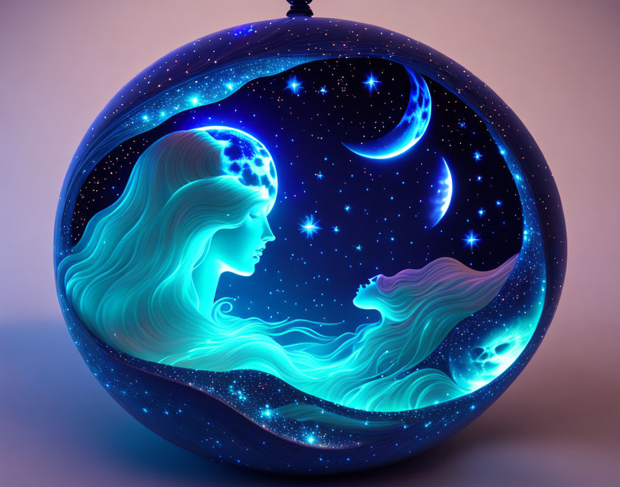 Surreal digital artwork: Two female silhouettes in cosmic embrace