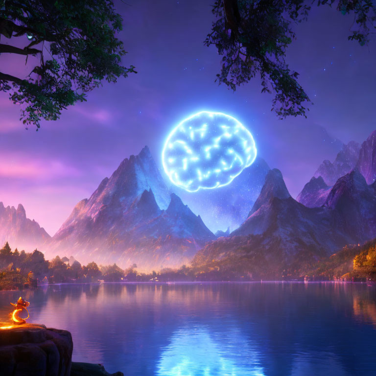 Surreal landscape with neon brain, mountains, lake, starry sky, and person by camp