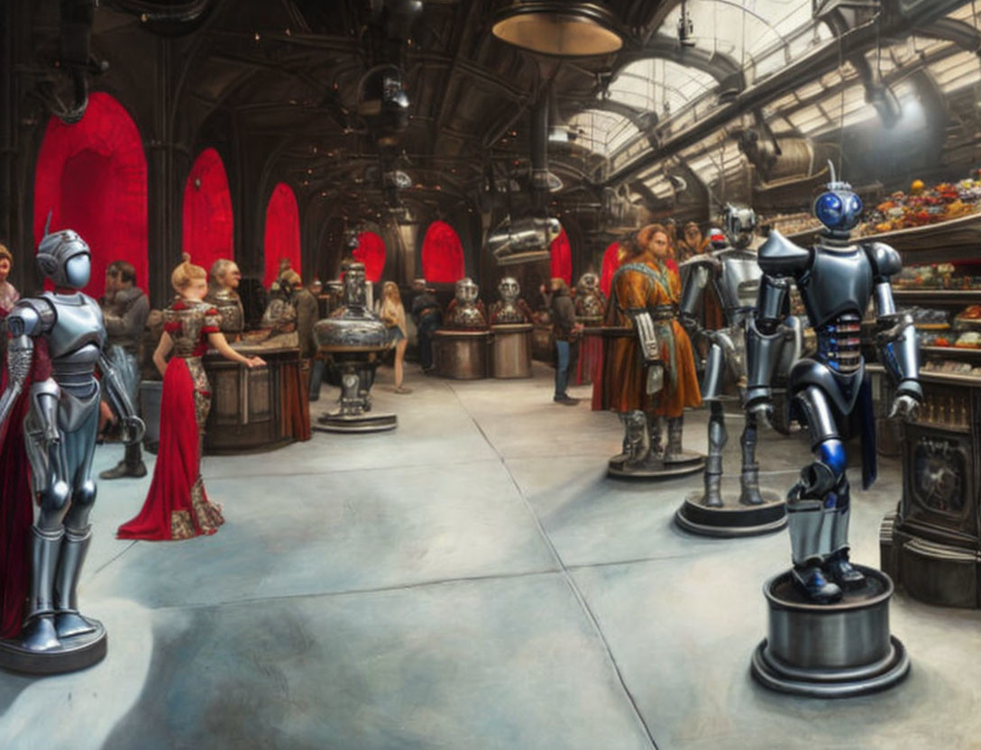 Futuristic banquet hall with robotic and human figures in medieval attire