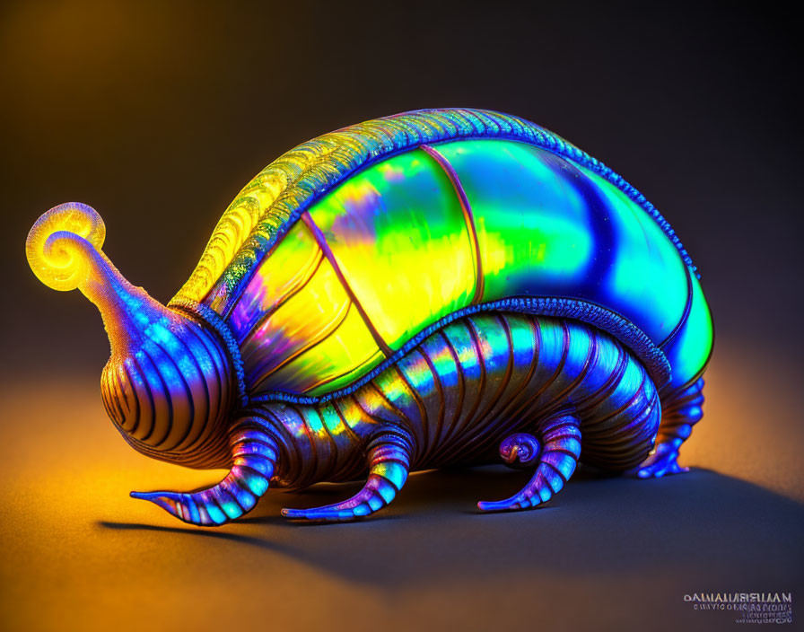 Iridescent snail sculpture with green and yellow shell on orange background