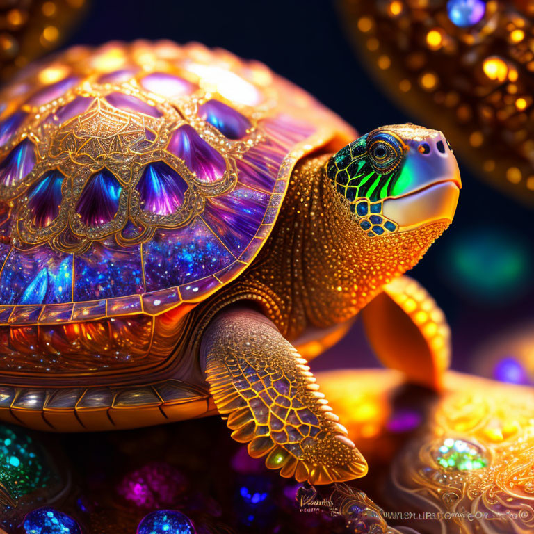 Colorful Fantastical Turtle with Ornate Cosmic Shell on Bokeh Background