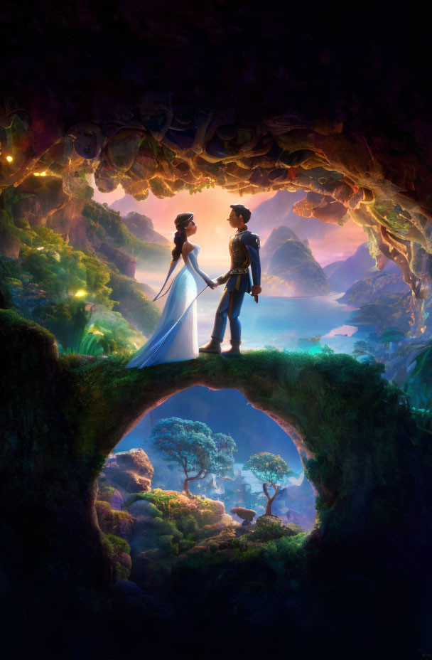 Couple on Natural Bridge in Enchanting Cave with Mystical Forest View