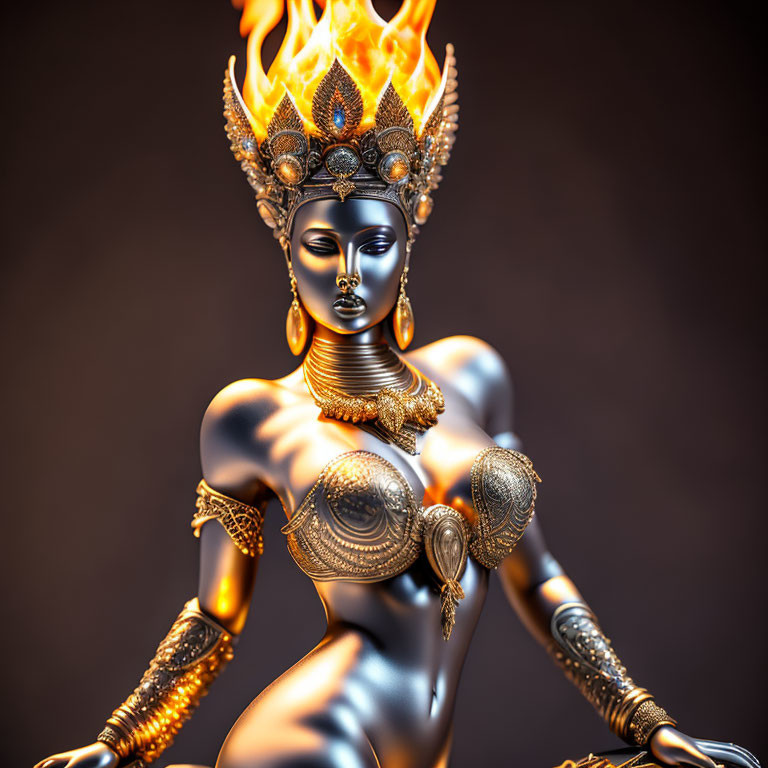 Golden female figure with flaming crown and ornate jewelry on dark background