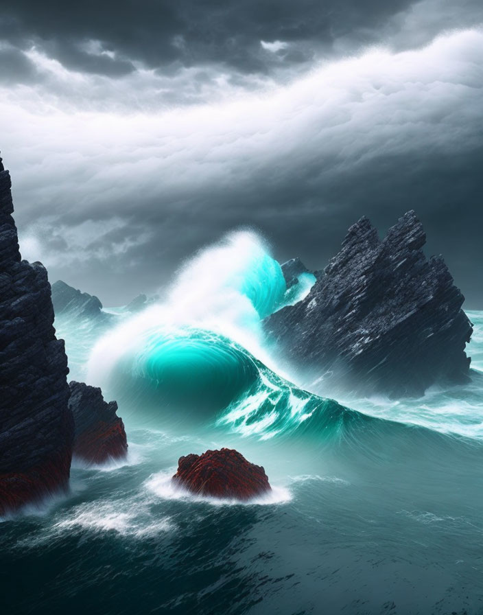 Turquoise Wave Crests Between Dark Cliffs under Moody Sky