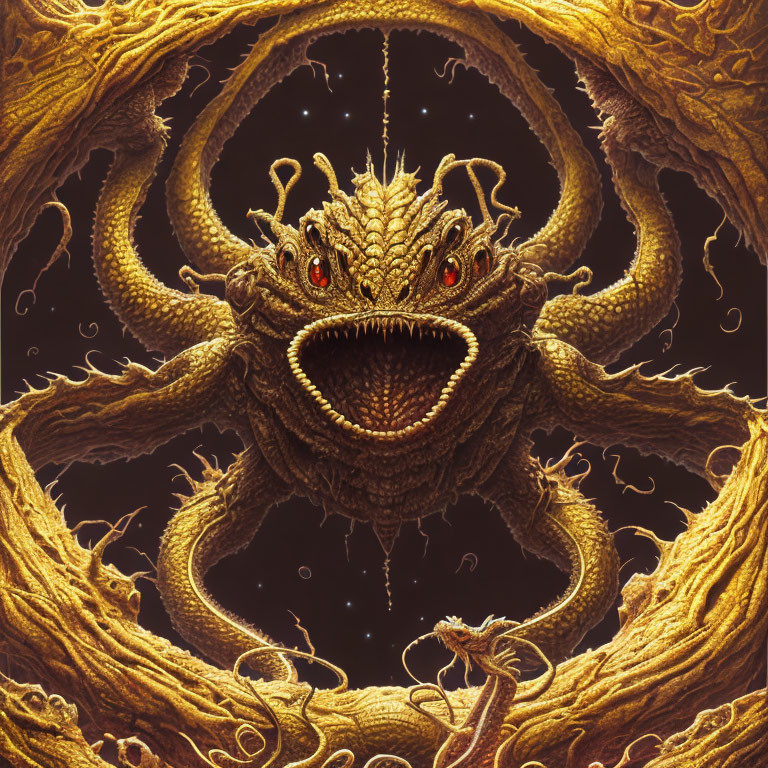 Detailed multi-eyed tentacled creature in golden cosmic swirls