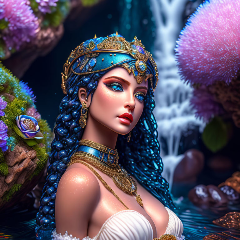 Blue-haired fantasy figure with golden crown in lush setting.