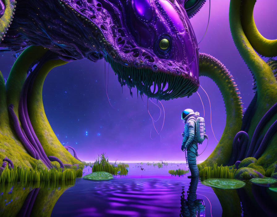 Astronaut meets giant tentacled alien on purple alien landscape