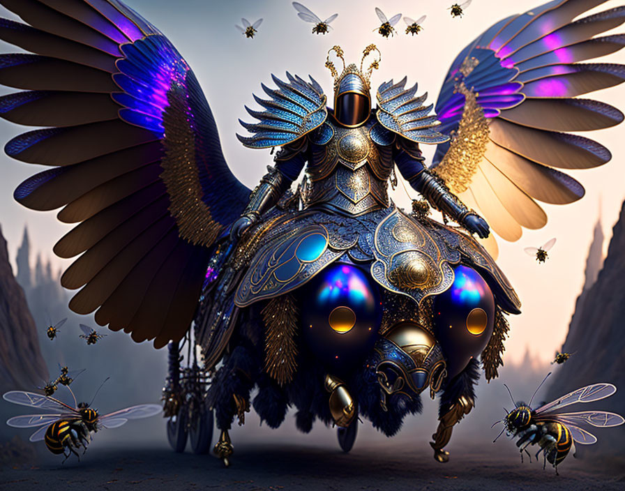 Armored figure with insect wings surrounded by giant bees in mystical setting