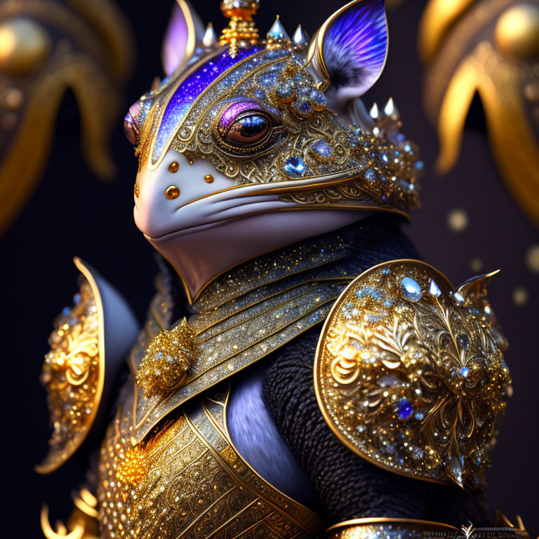 Regal anthropomorphic frog in golden armor with intricate designs