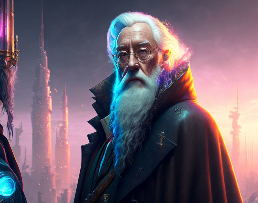 Elderly man with white beard in futuristic setting illustration