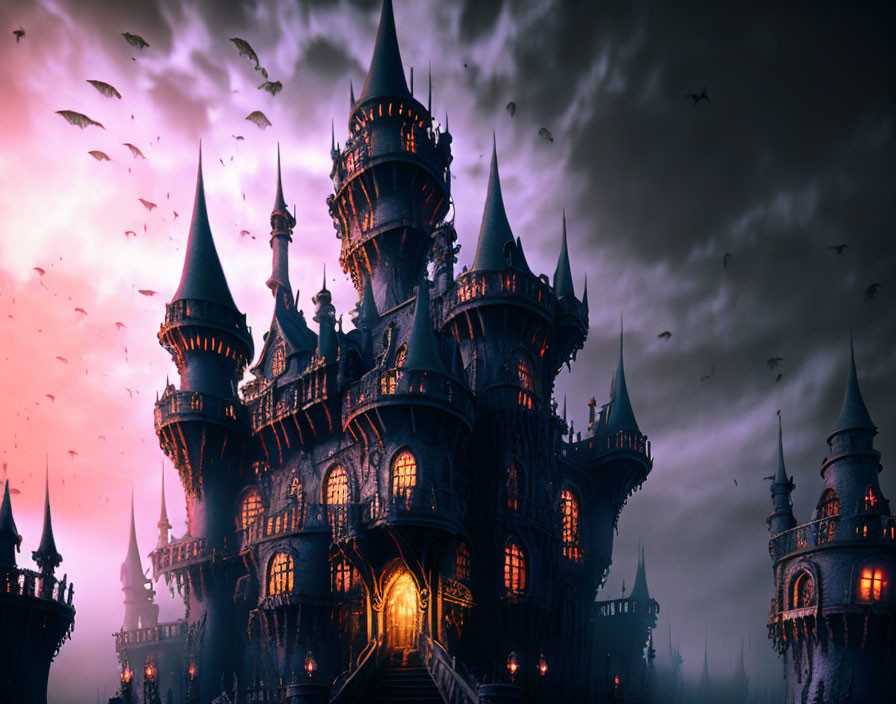 Gothic castle with spires, twilight sky, birds, eerie glow, and arched entrance