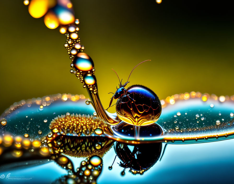 Colorful insect on dew-covered structure with reflective water droplets: surreal macro-photography scene