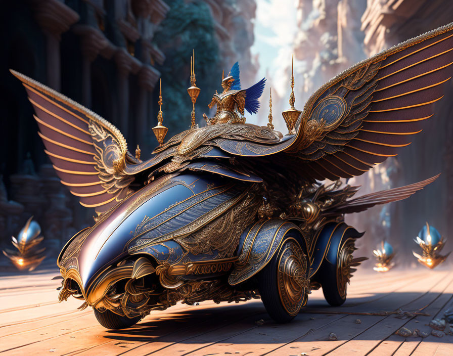 Futuristic golden-winged bird-like vehicle in ancient temple setting