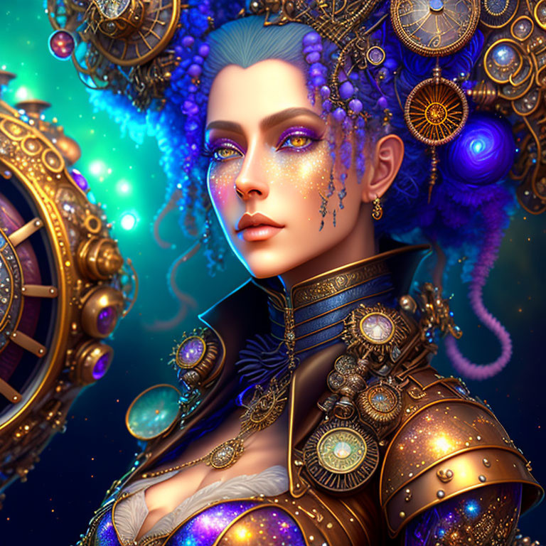 Blue-skinned woman in golden armor with cosmic headdress on starry backdrop