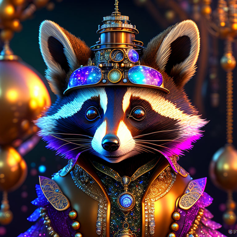 Detailed anthropomorphic raccoon in steampunk attire with ornate golden accents.