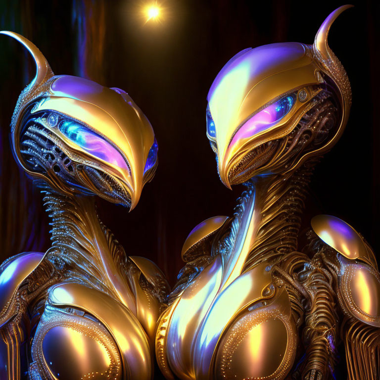 Detailed Metallic Alien Creatures with Glowing Eyes and Body Armor on Moody Background