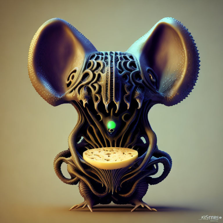 Surreal digital artwork: stylized creature with large ears and glowing green eye