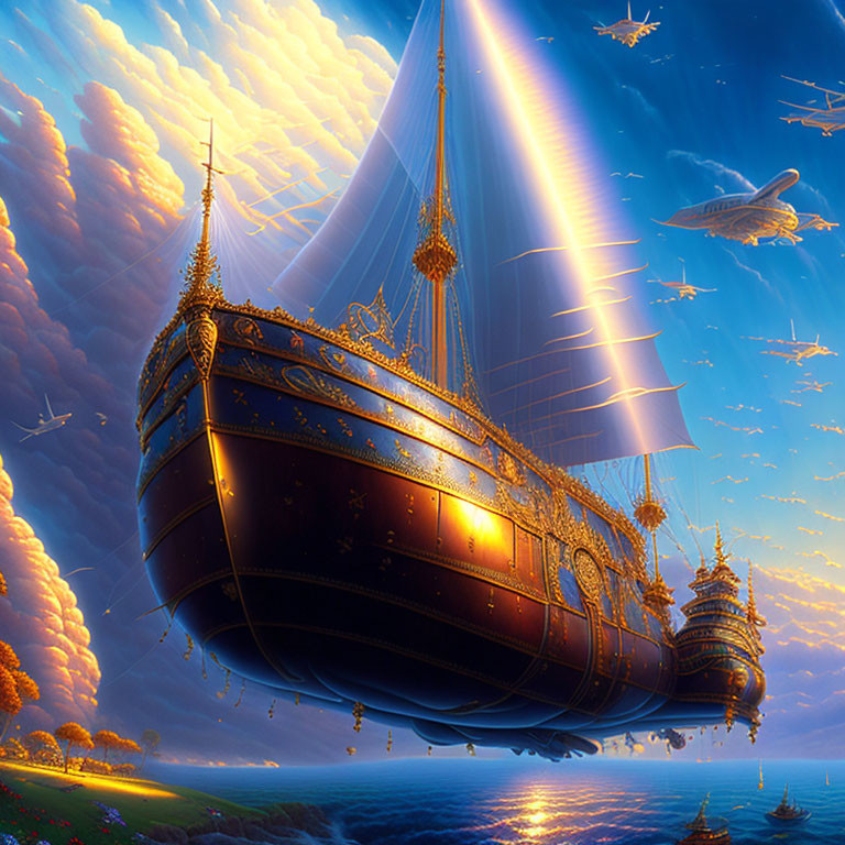 Majestic golden-hued ships sailing on serene ocean under dramatic sky