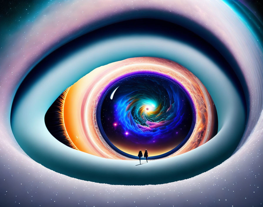 Surreal cosmic vortex with two people and celestial eye structure