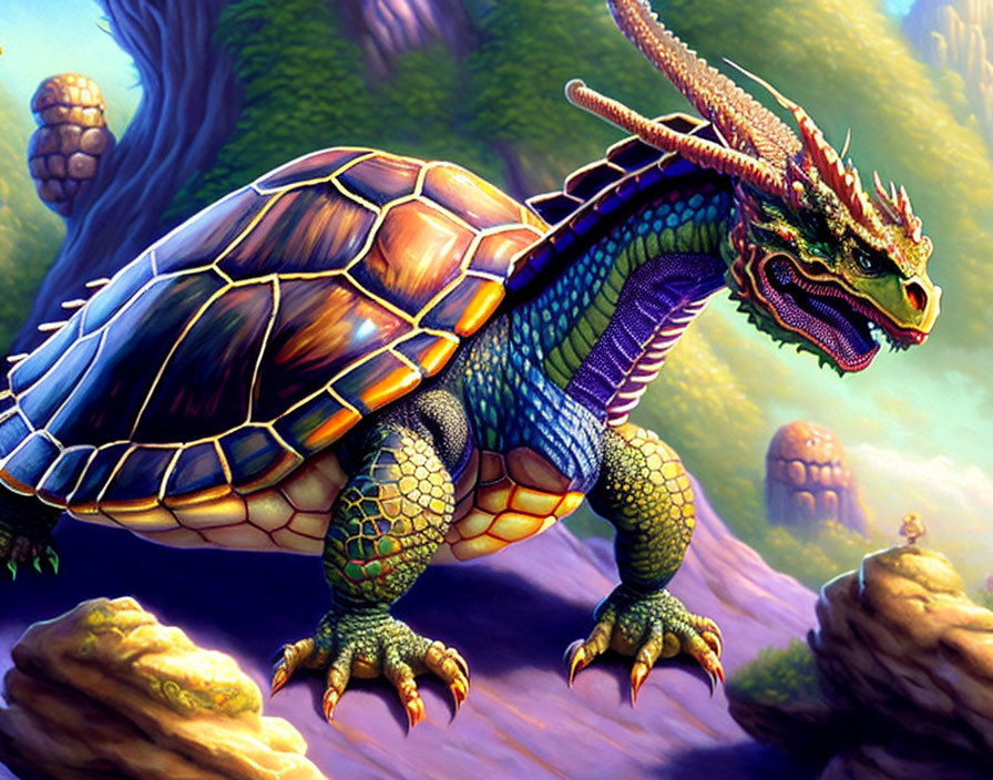 Fantastical creature with tortoise body and dragon head in mystical forest