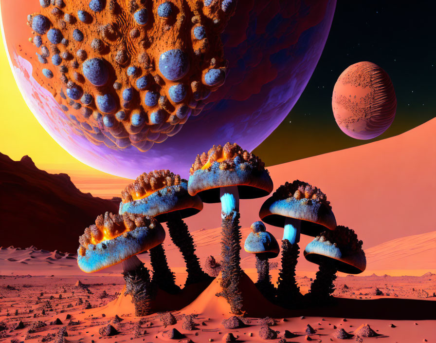 Surreal landscape with oversized mushrooms and alien planets in desert sunset