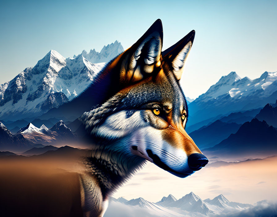 Digital artwork: Wolf's head merges with mountain landscape at twilight