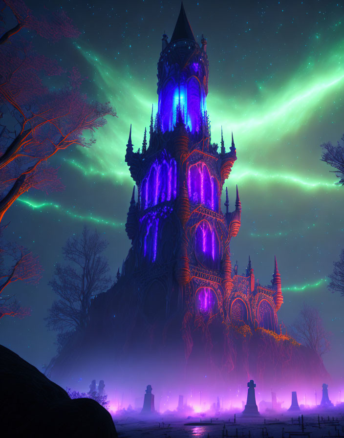 Mystical Gothic castle under purple aurora borealis