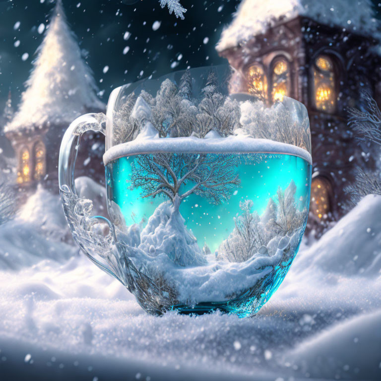 Detailed Winter Landscape in Transparent Teacup