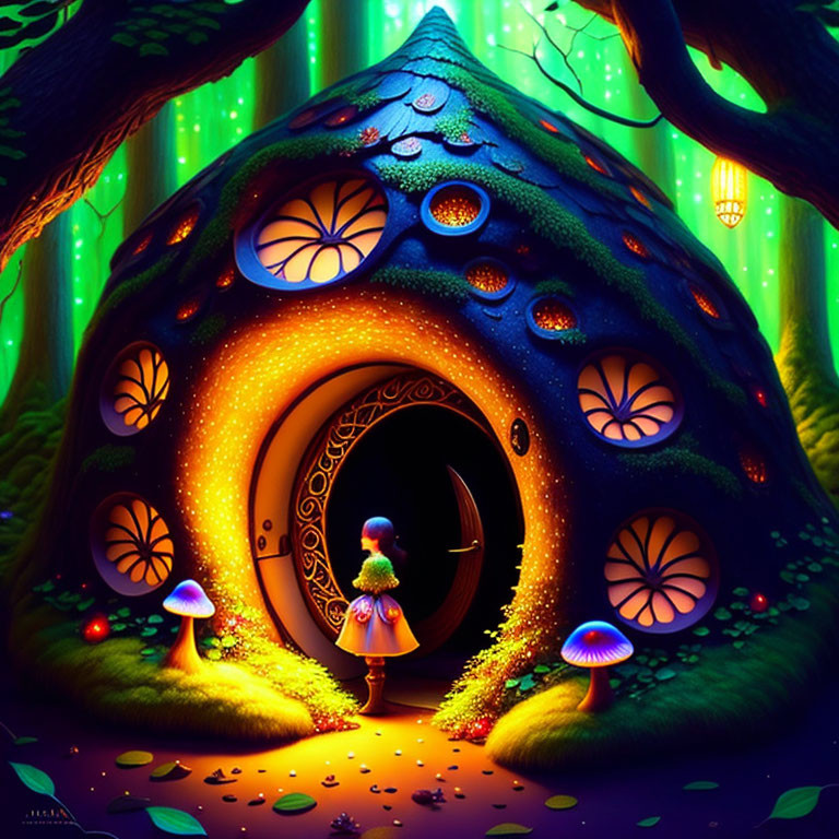 Child in front of glowing mushroom house in whimsical forest at night