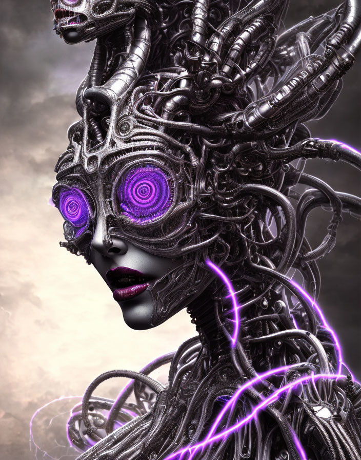 Detailed Image: Female Android with Cybernetic Enhancements and Purple Glowing Eyes