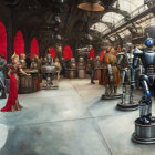 Futuristic banquet hall with robotic and human figures in medieval attire